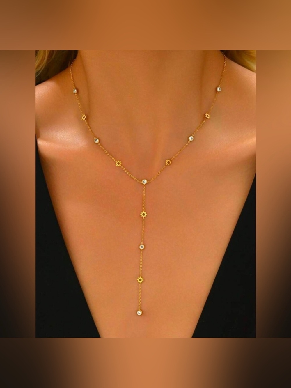 Gold Plated Stainless Steel Sun Cubic Zirconia Lariat Necklace
